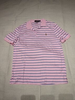Polo pink blue striped short sleeve polo mens M